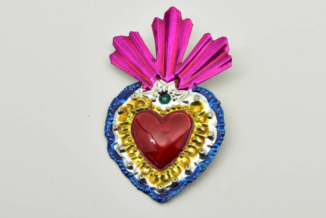 Flaming Heart Punched Tin Ornament Handmade in Oaxaca Folk