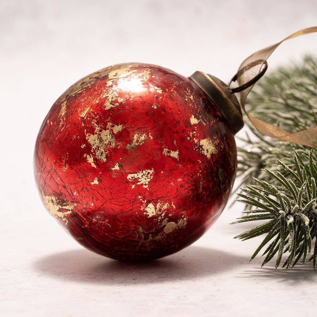 Red With Gold Foil Crackle Glass Ornament - 3"