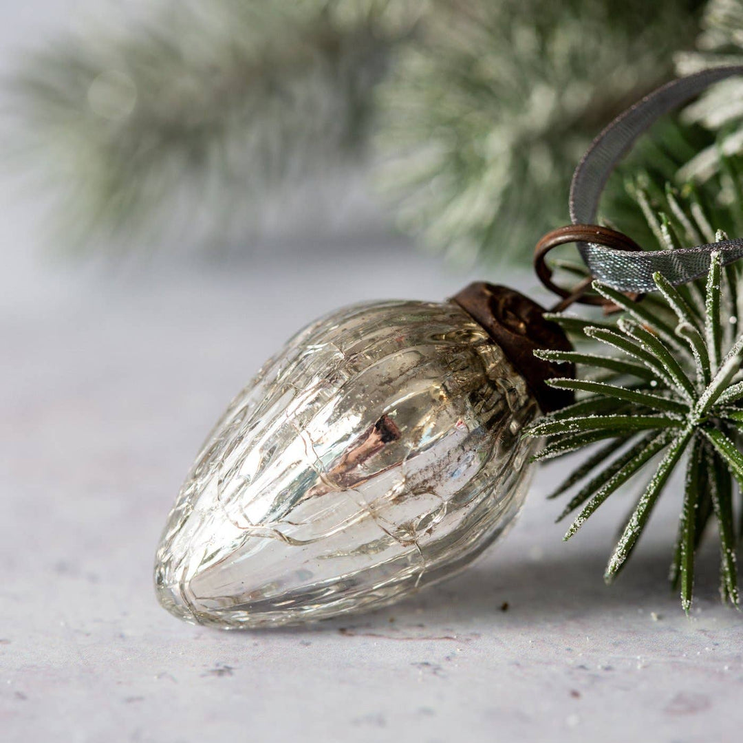 Set of 6 Small Silver 1" Crackle Glass Pinecones