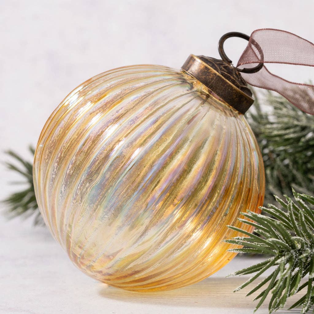 Gold Rainbow Glass Ribbed Ornament - 4"