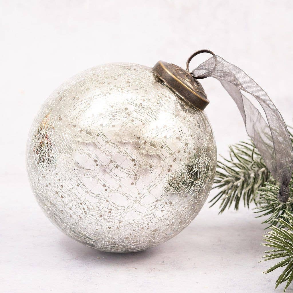 Silver Crackle Glass Ornament - 4"