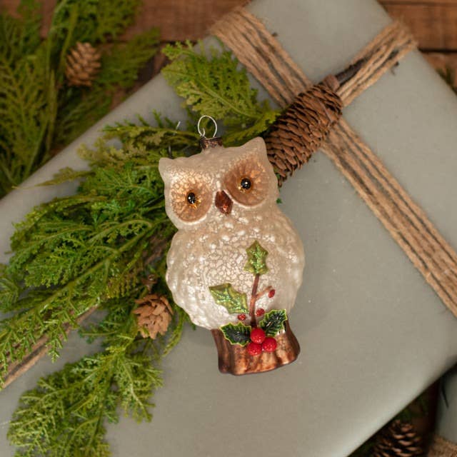 MERCURY GLASS OWL W/ HOLLY ORNAMENT