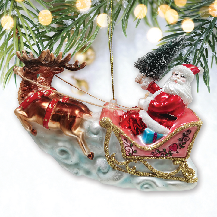 Santas Sleigh Glass Ornament