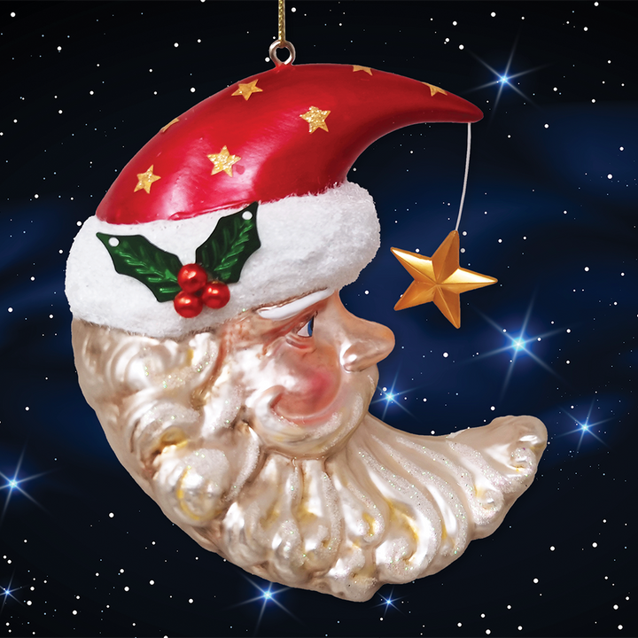 Celestial Crescent Moon Santa Glass Christmas Ornament