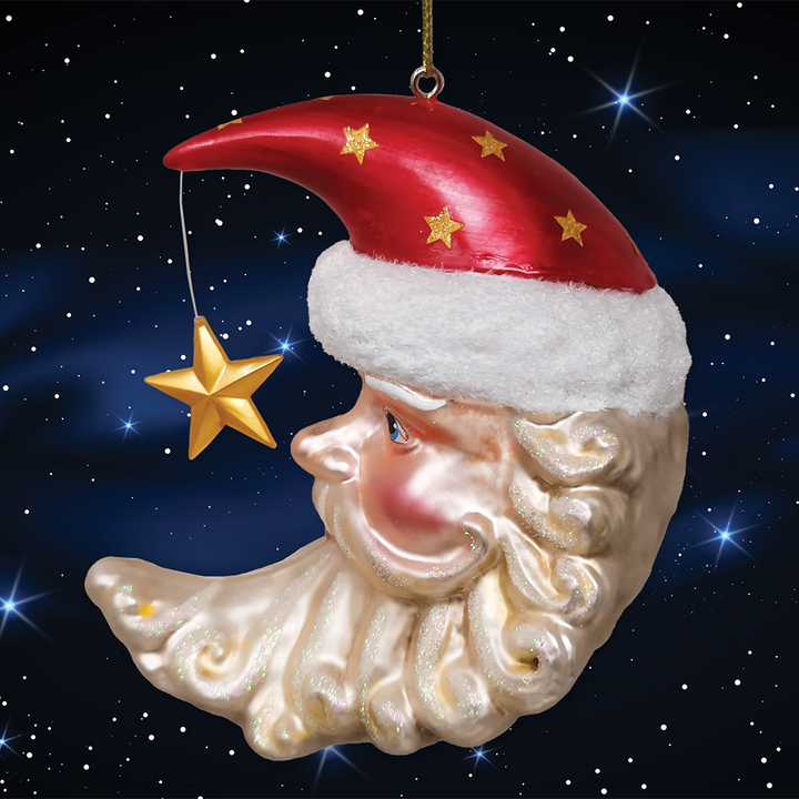 Celestial Crescent Moon Santa Glass Christmas Ornament