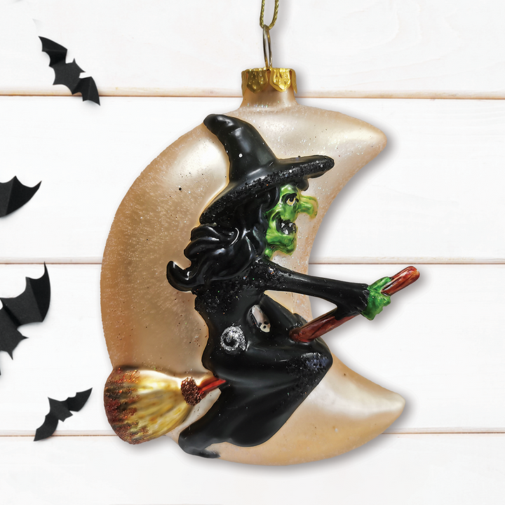 Wicked Witch and Crescent Moon Glass Christmas Ornament